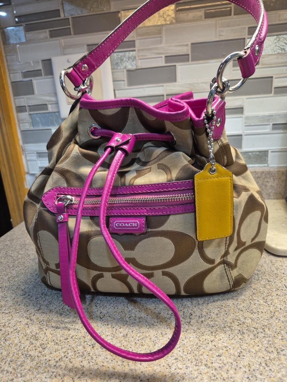 Coach Daisy Outline Signature Drawstring Bucket Bag Magenta F25675